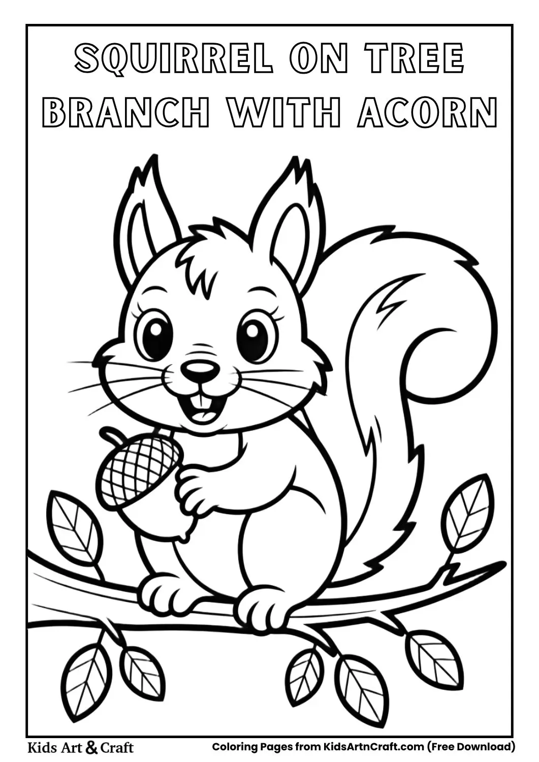 squirrel sitting on tree branch holding acorn coloring sheet
