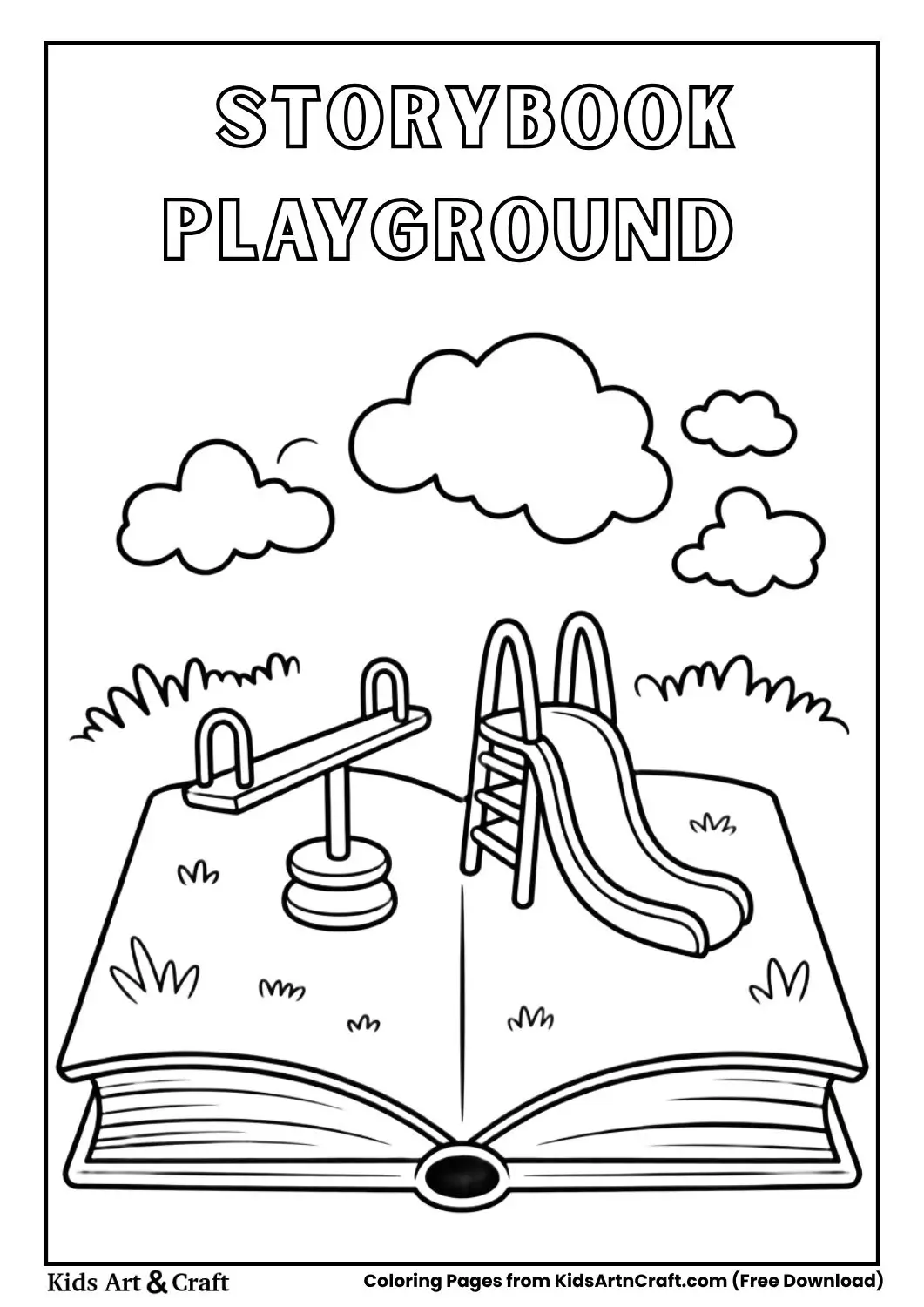 mini playground on a storybook with seesaw and slide black and white coloring page