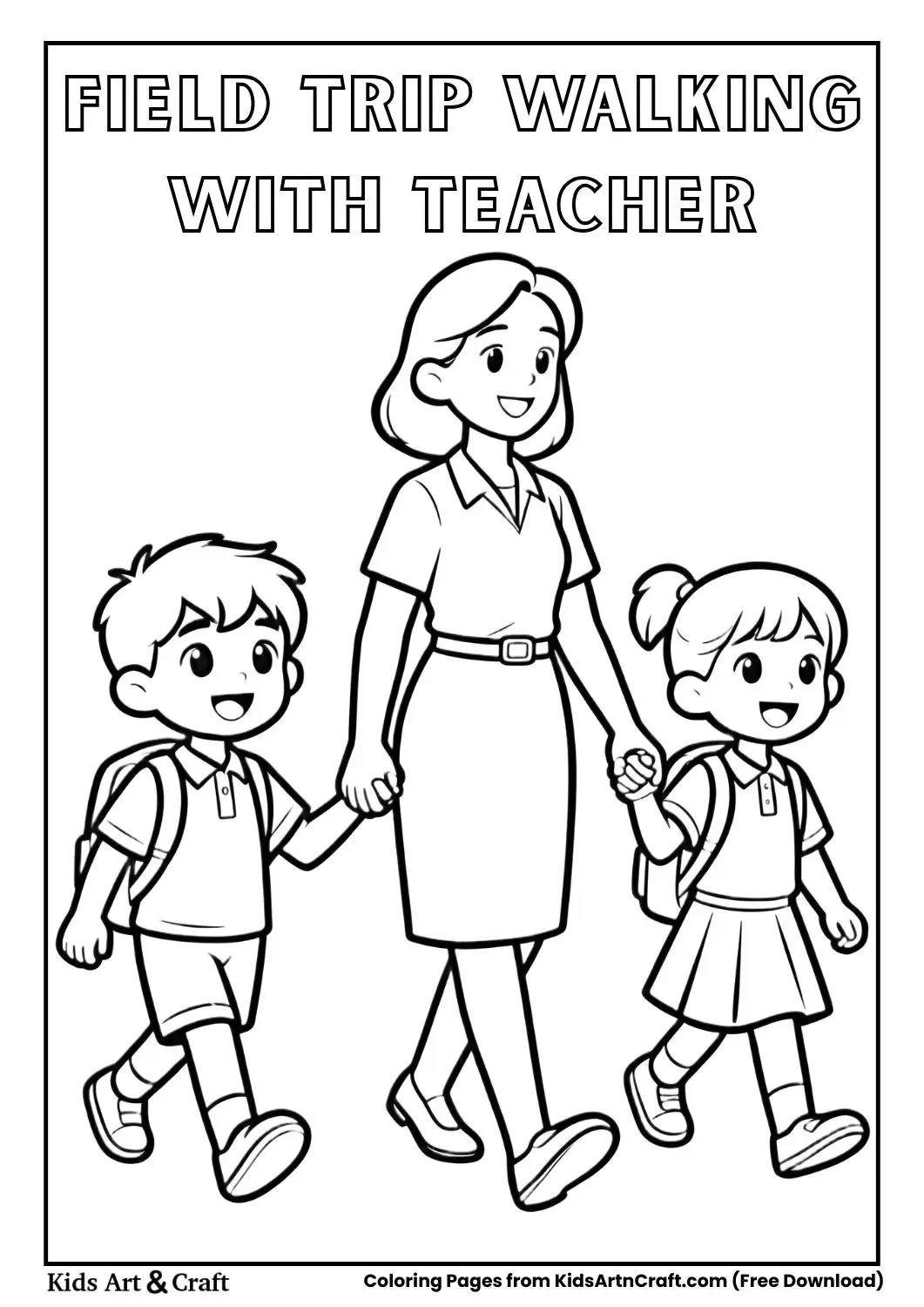kids walking with teacher during field trip safety coloring page