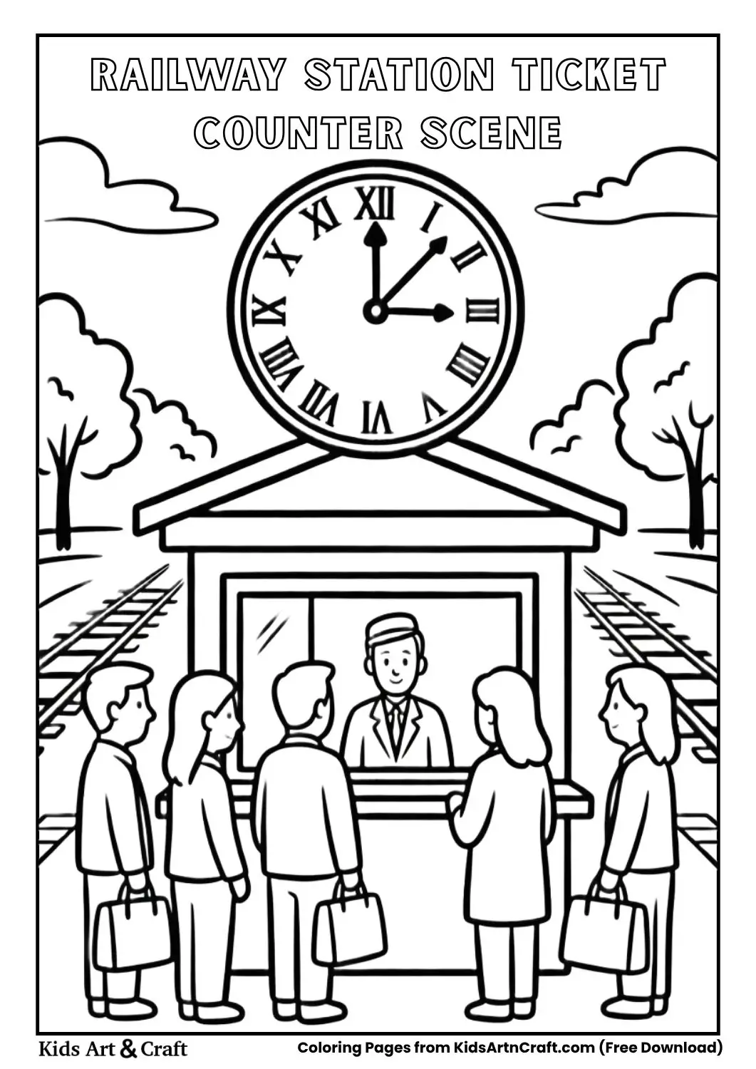 People standing in line at ticket counter with clock above