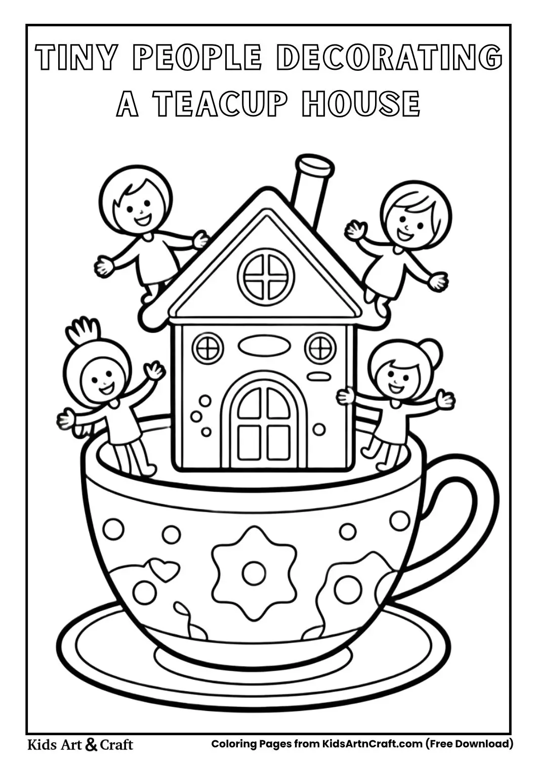 Tiny people decorating a teacup like a house black and white coloring page for kids