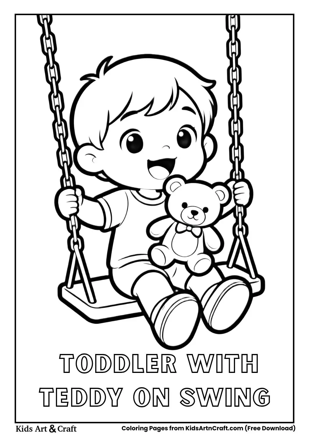 toddler holding teddy bear while sitting on swing coloring page