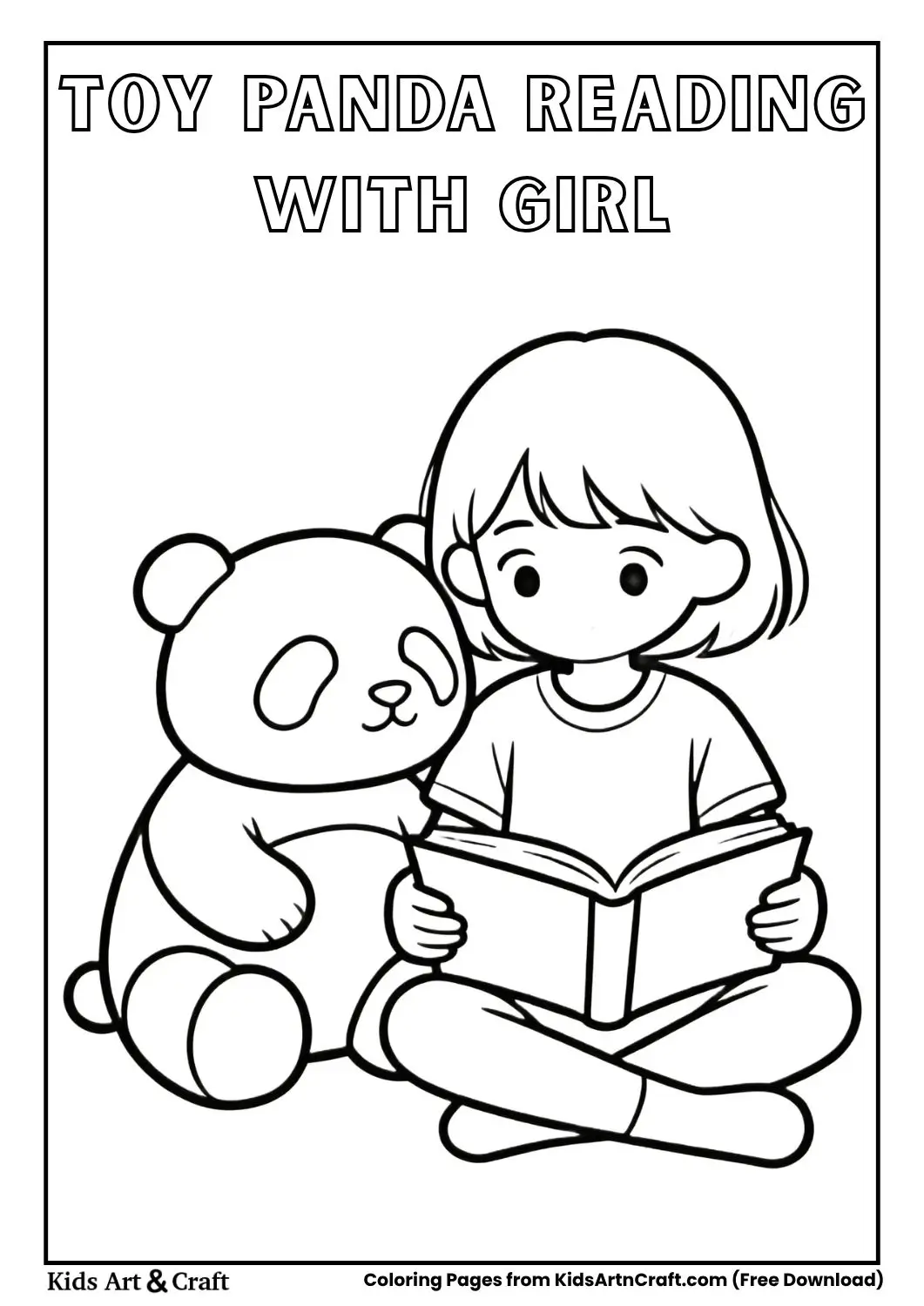 Toy panda sitting with girl reading book coloring page black and white
