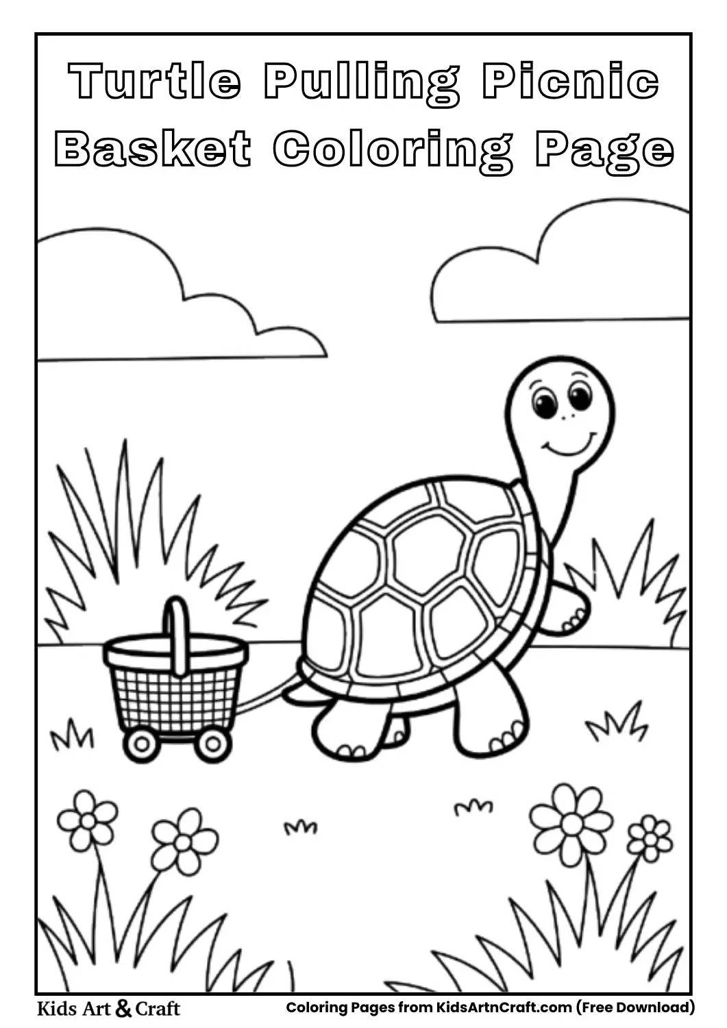 Small turtle pulling a picnic basket on wheels, black and white line drawing