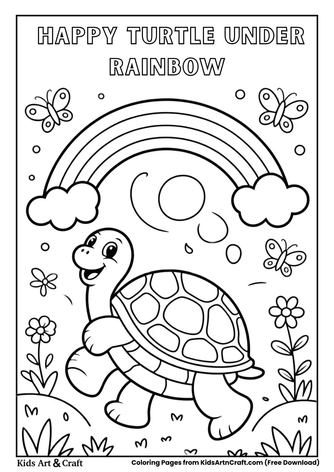 black and white coloring page of a smiling turtle walking under a rainbow