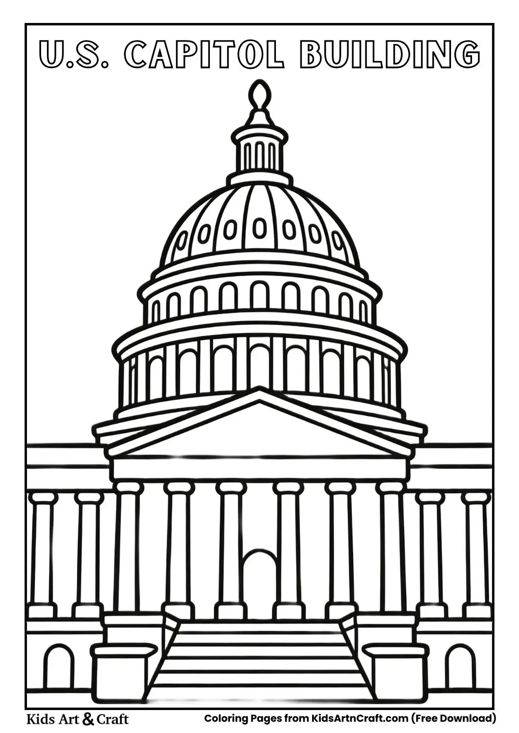 United States Capitol black and white coloring page with simple dome