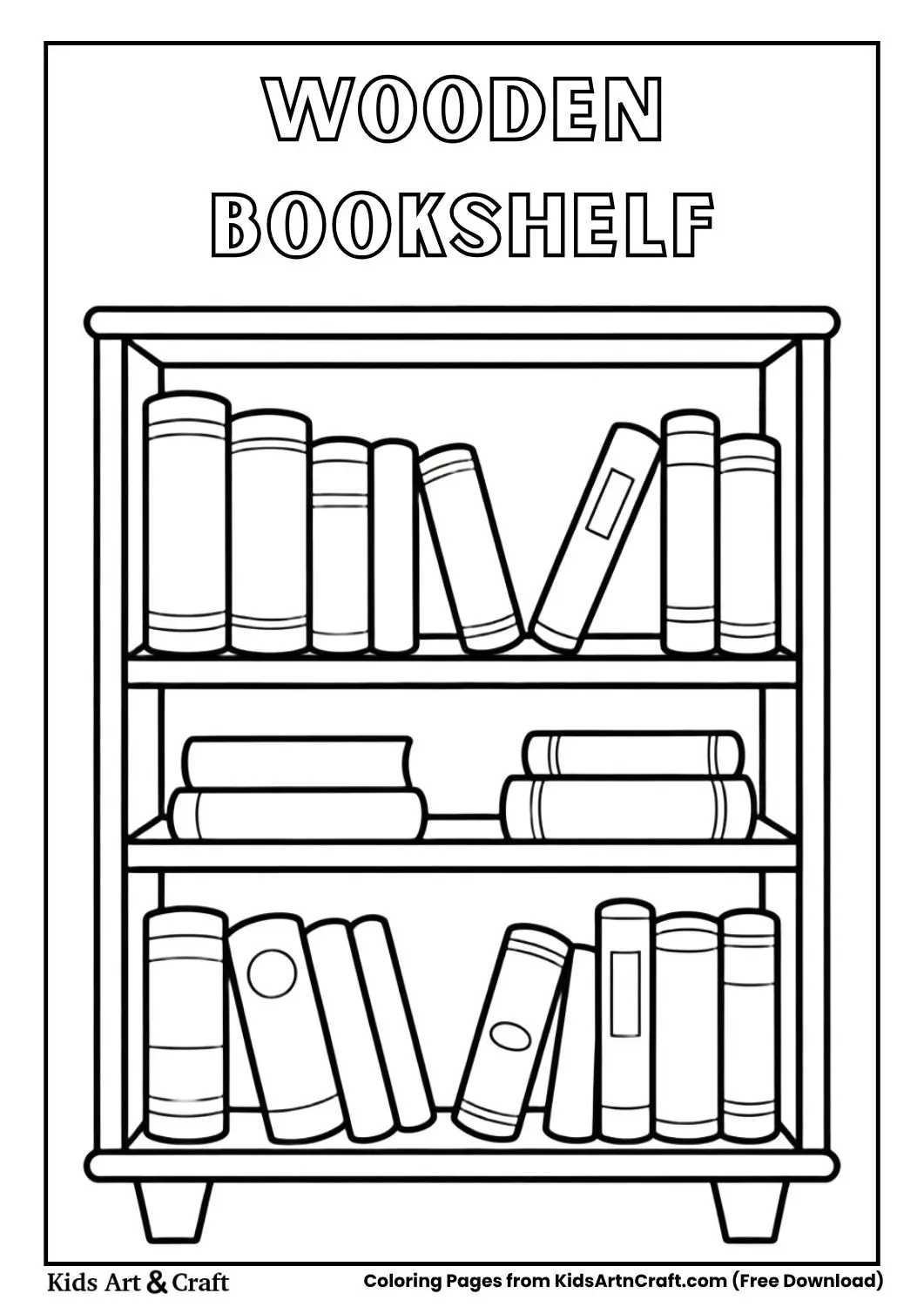 Simple wooden bookshelf black and white coloring page for kids