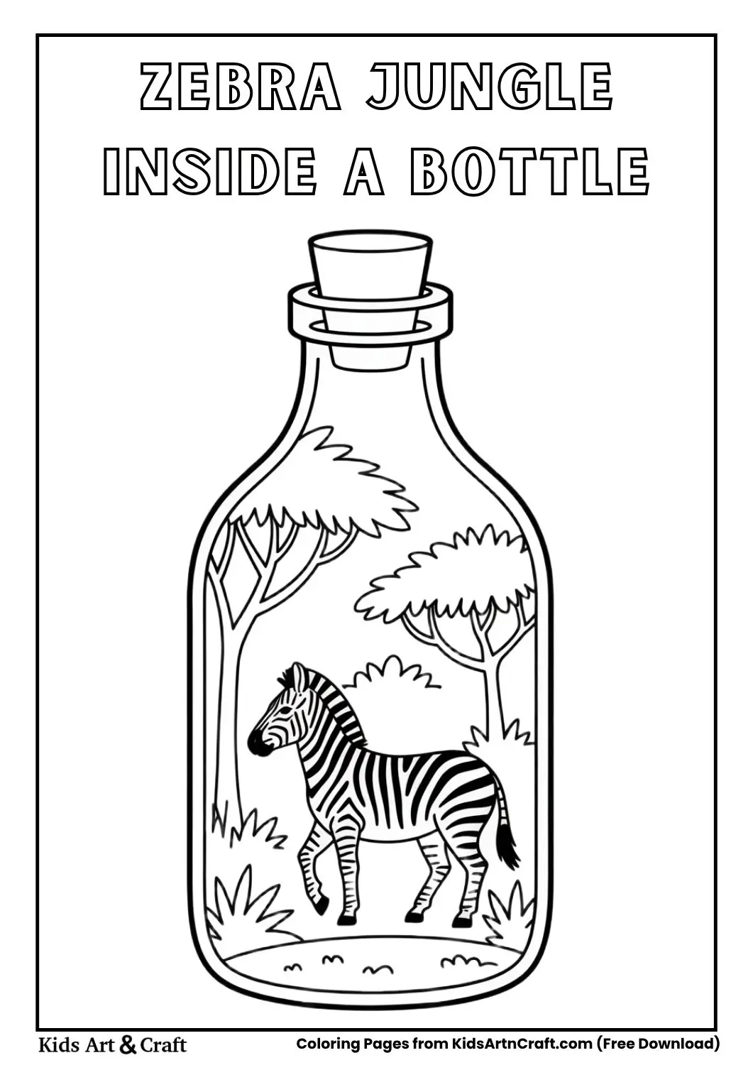 zebra jungle inside bottle black and white coloring page for children