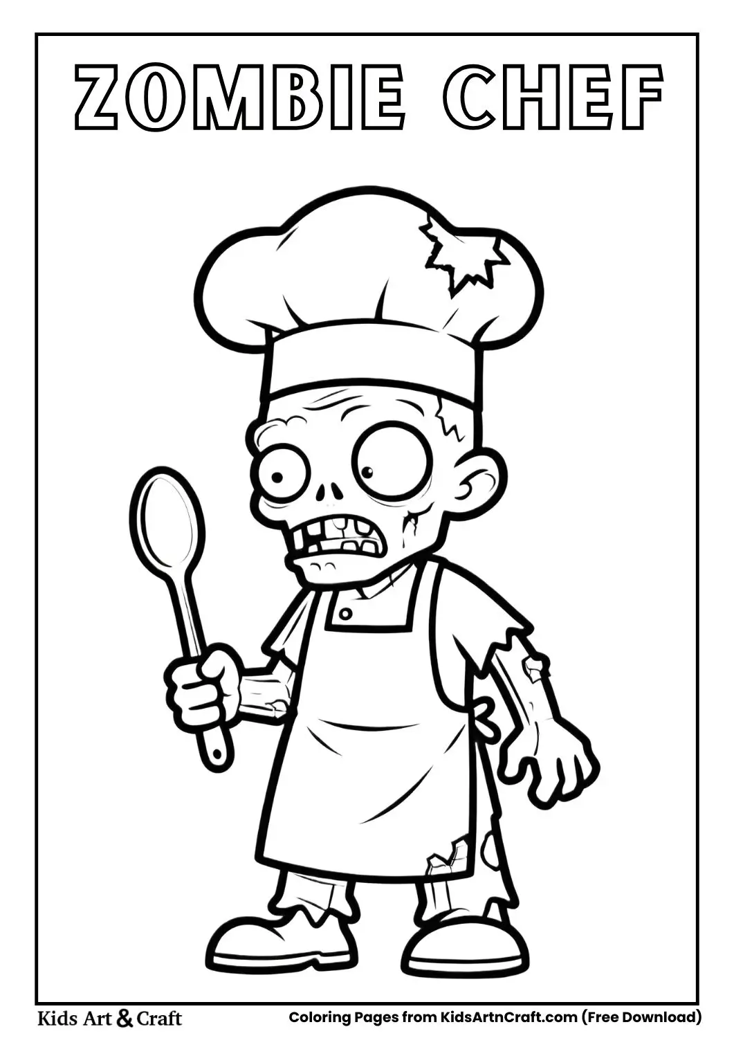 Funny zombie chef wearing hat and apron coloring page for kids
