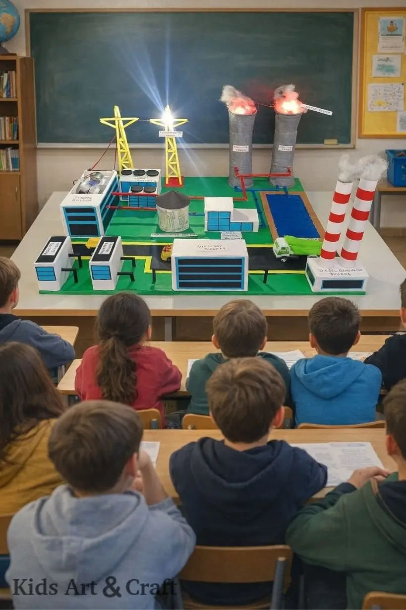 Classroom display of nuclear power plant model with reactors, towers, and electricity transmission.