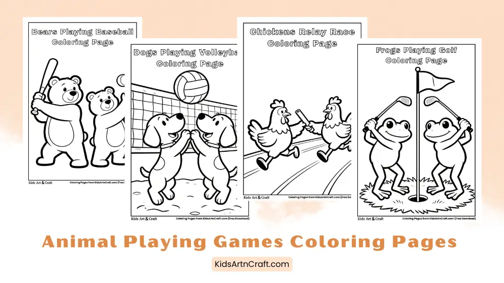 Animal Playing Games Coloring Pages for Kids
