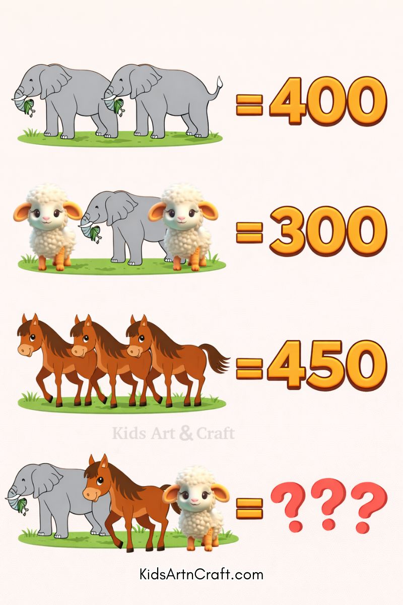 Cartoon animal math puzzle showing elephants, sheep, and horses with numbers for kids.