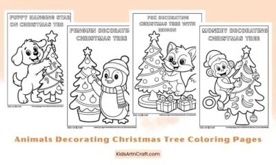 Animals Decorating Christmas Tree Coloring Pages for Kids