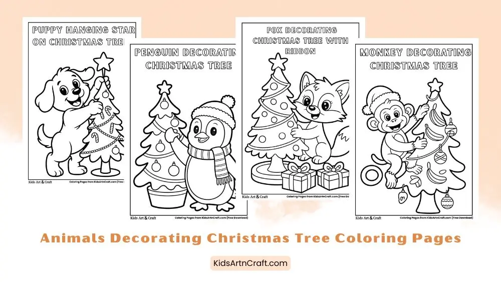 Animals Decorating Christmas Tree Coloring Pages for Kids