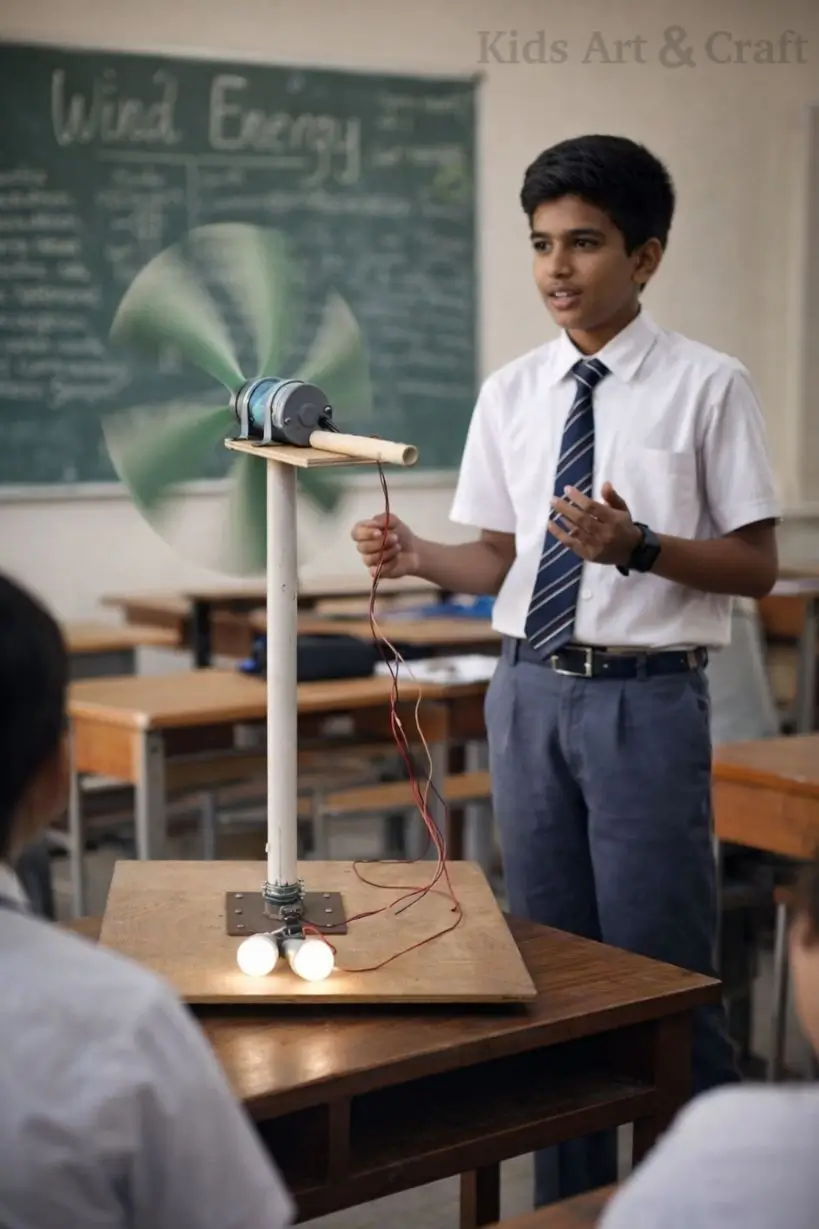 Student demonstrating small wind turbine model generating electricity to light bulbs