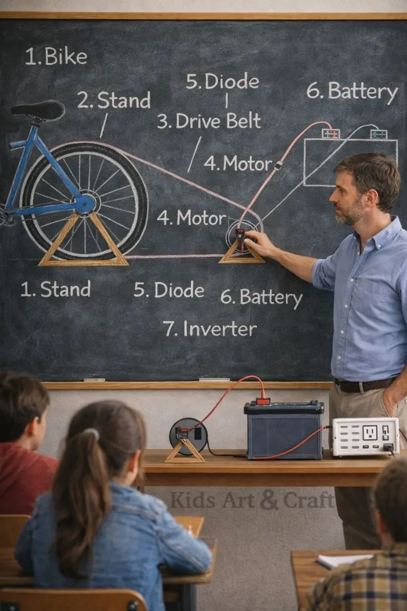 Teacher explaining bicycle-powered generator system connected to battery and inverter.