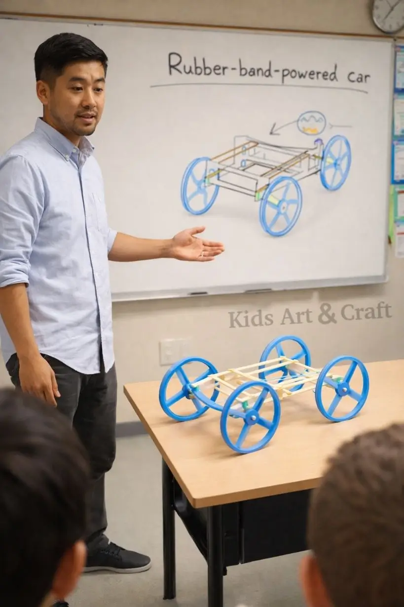 Teacher presenting rubber band powered car model with simple wooden frame.