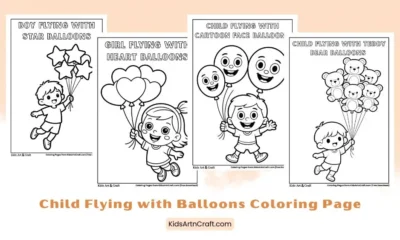 Child Flying with Balloons Coloring Pages for Kids