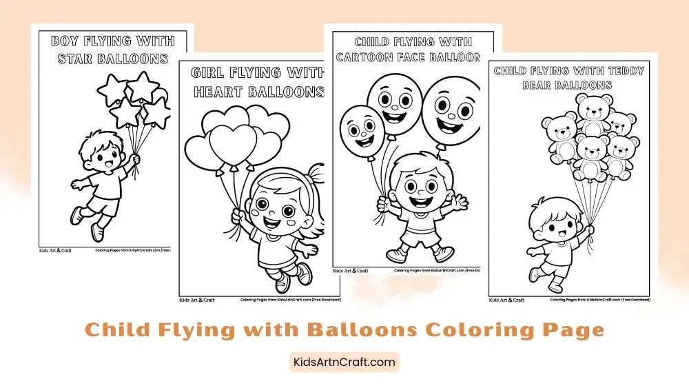 Child Flying with Balloons Coloring Pages for Kids