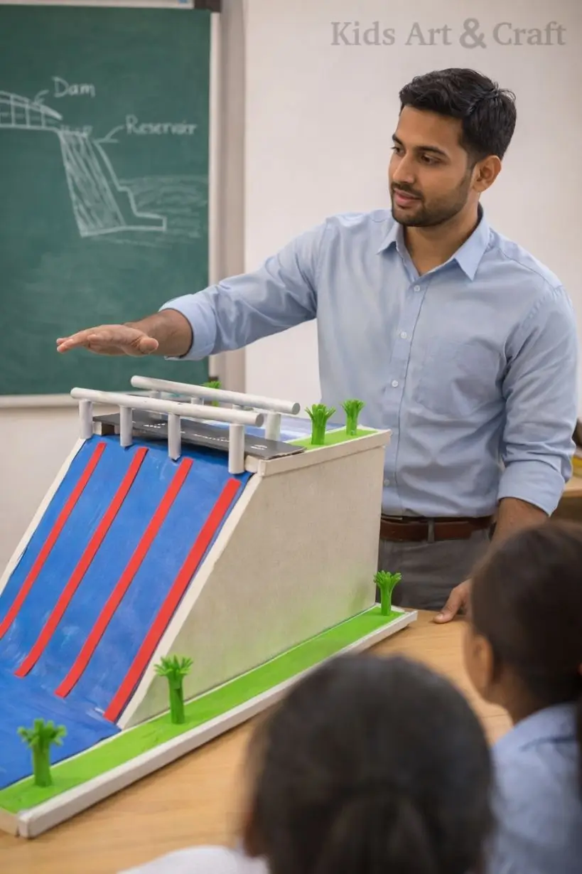 Teacher presenting dam model explaining water flow and electricity generation process