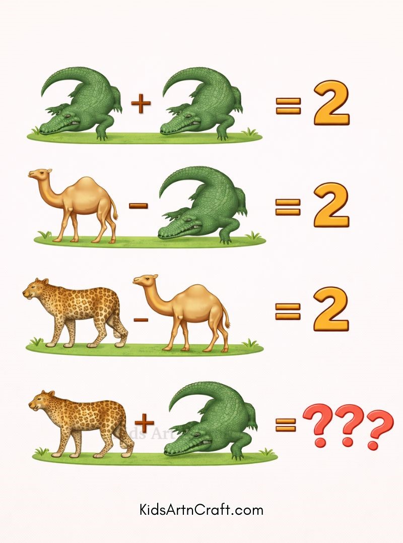 Kids animal math puzzle with crocodile, camel, and leopard equation challenge.