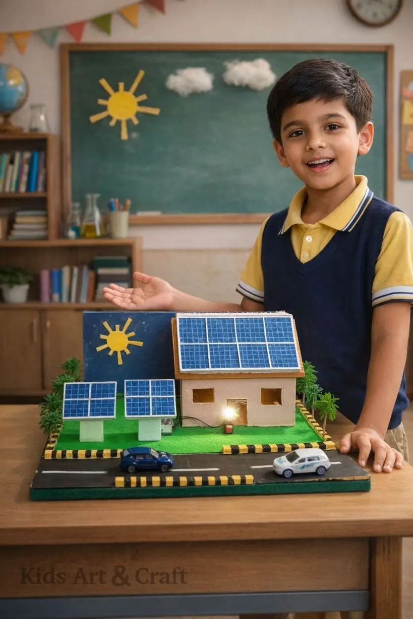 Child presenting solar-powered house model with panels and lights in classroom