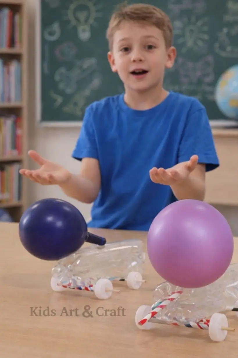 Child demonstrating balloon powered car made from recycled plastic bottle materials.