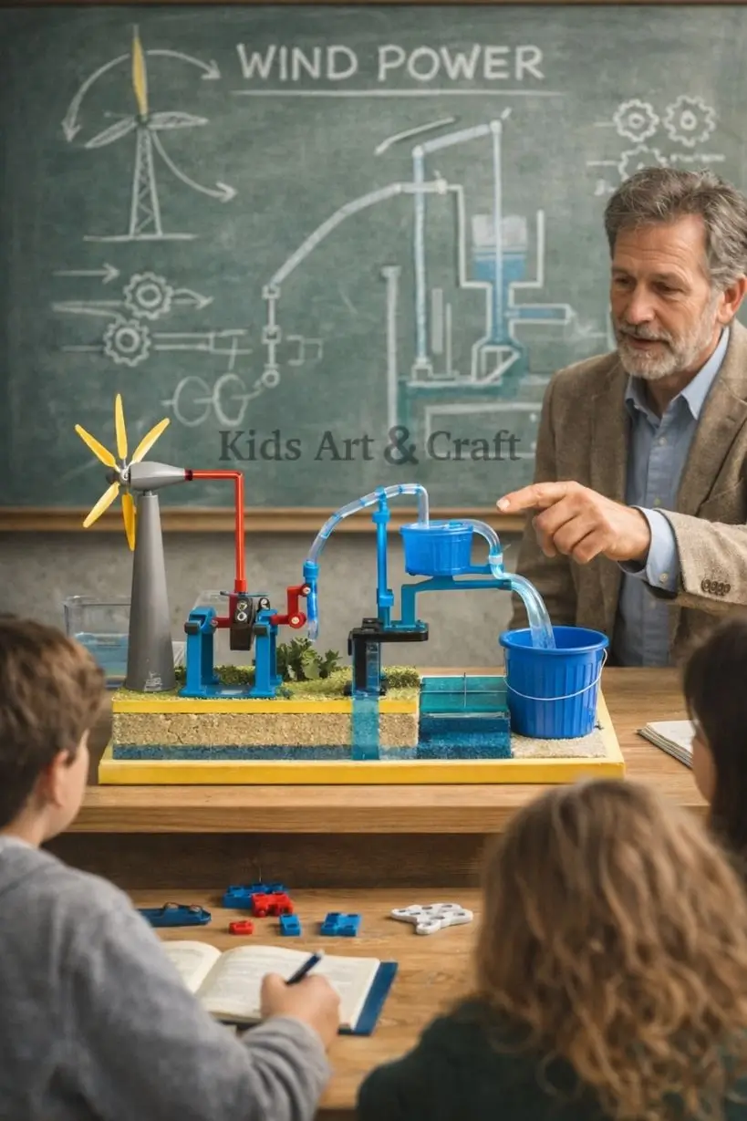 Teacher demonstrating windmill-powered water pump model transferring water between containers.