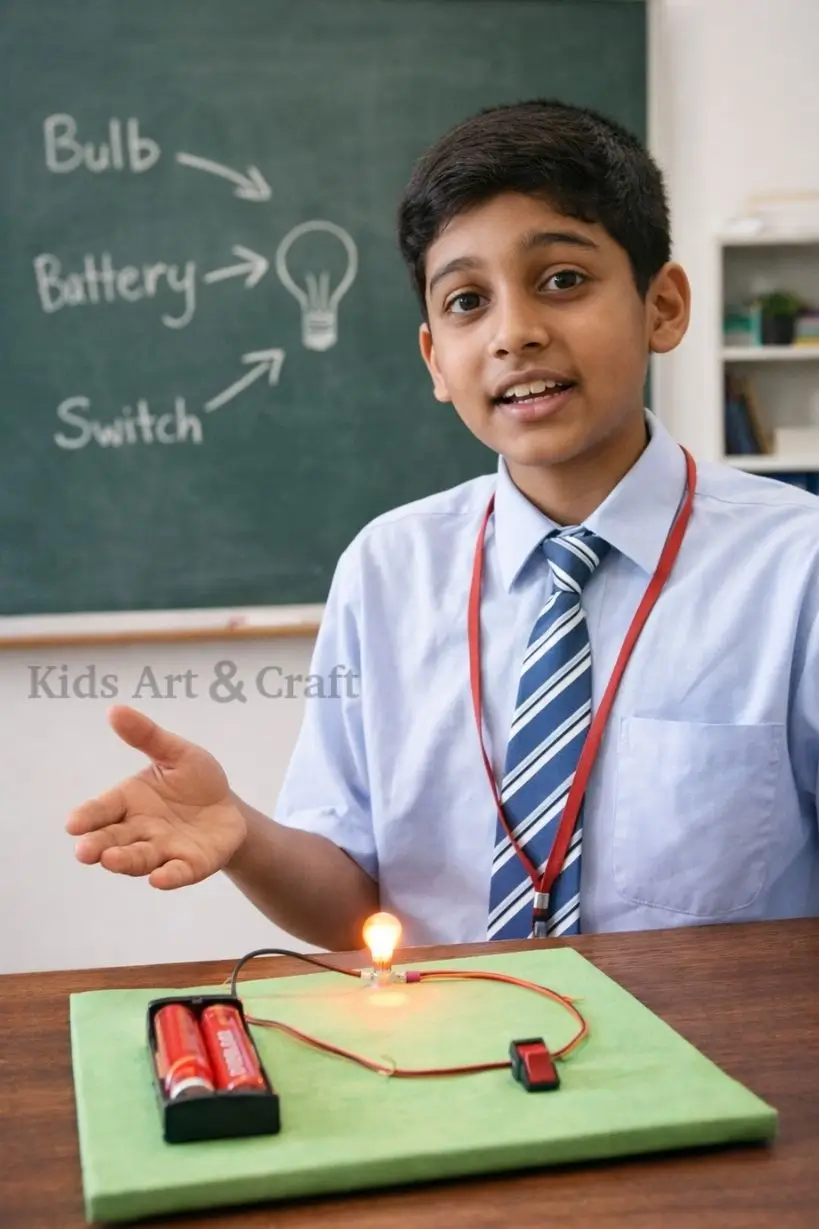 Student explaining basic electric circuit with battery, wires, switch, and glowing bulb