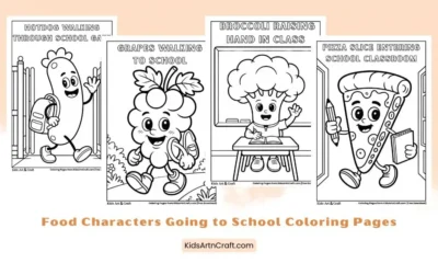 Food Characters Going to School Coloring Pages for Kids