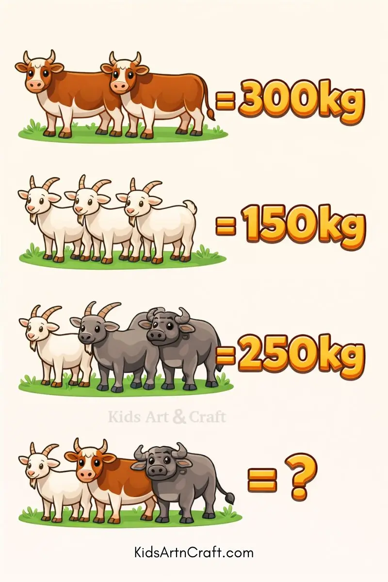 Cartoon animal math puzzle showing cows, goats, and buffalo with weights for kids.