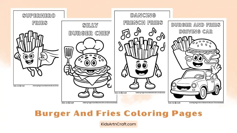 Funny Burger and Fries Coloring Pages For Kids