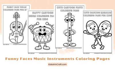 Funny Faces Music Instruments Coloring Page For Kids