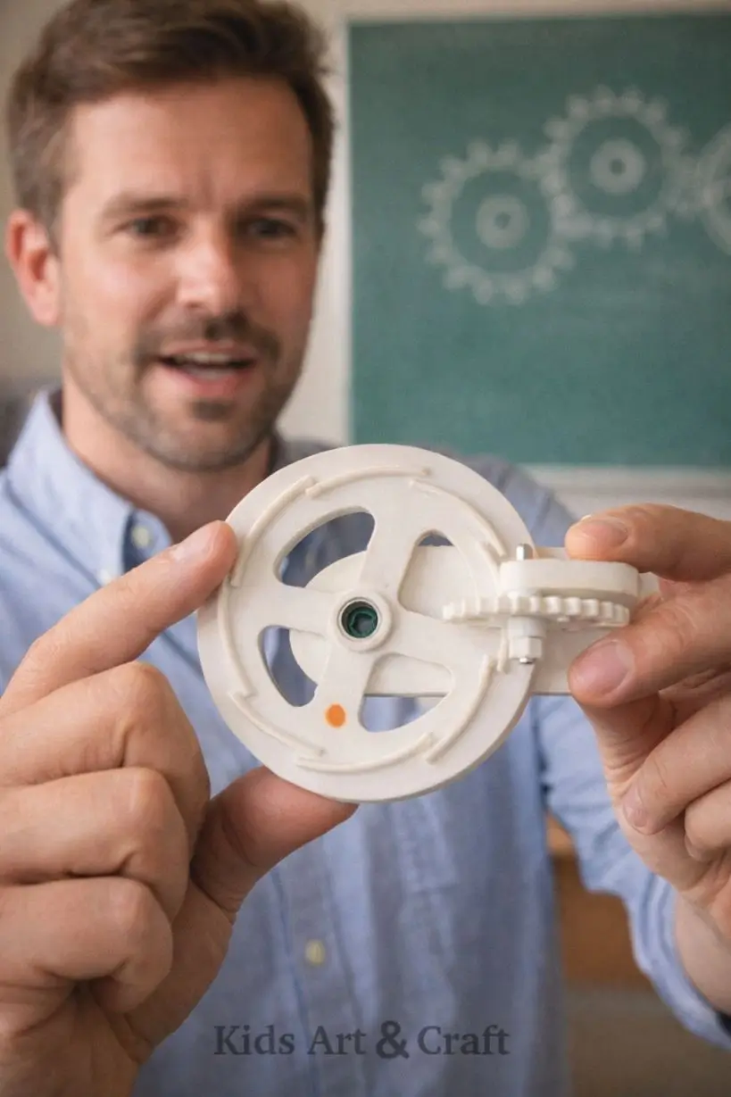 Teacher holding gear transmission model explaining interlocking gear motion concept.