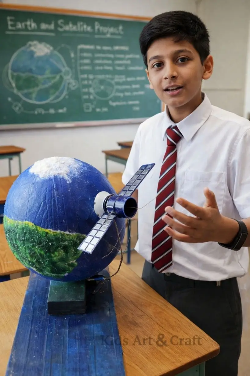 Student explaining Earth and satellite model with orbit diagram on classroom board