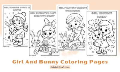 Cute Girl and Bunny Coloring Pages for Kids