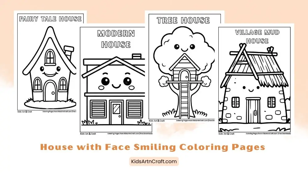 House with Face Smiling Coloring Pages for Kids