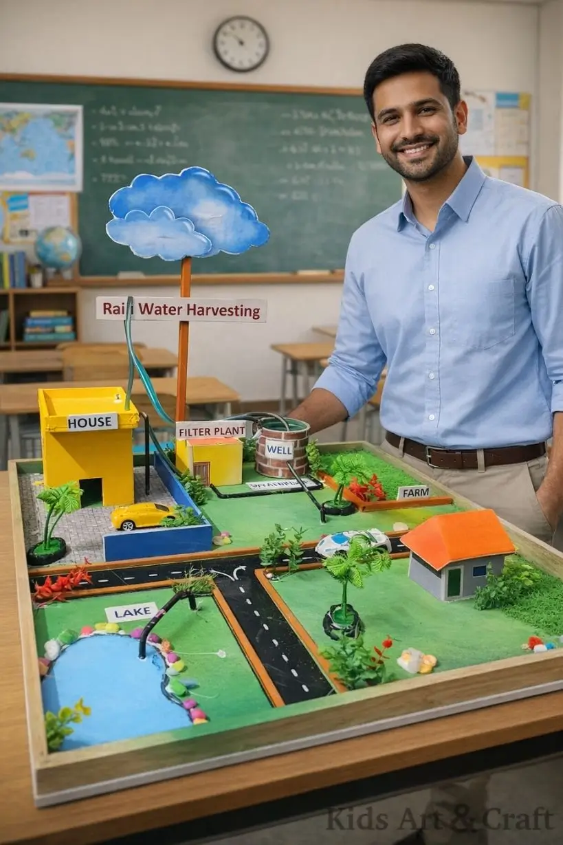 Classroom model showing rainwater harvesting system with house, pipes, well, and storage.