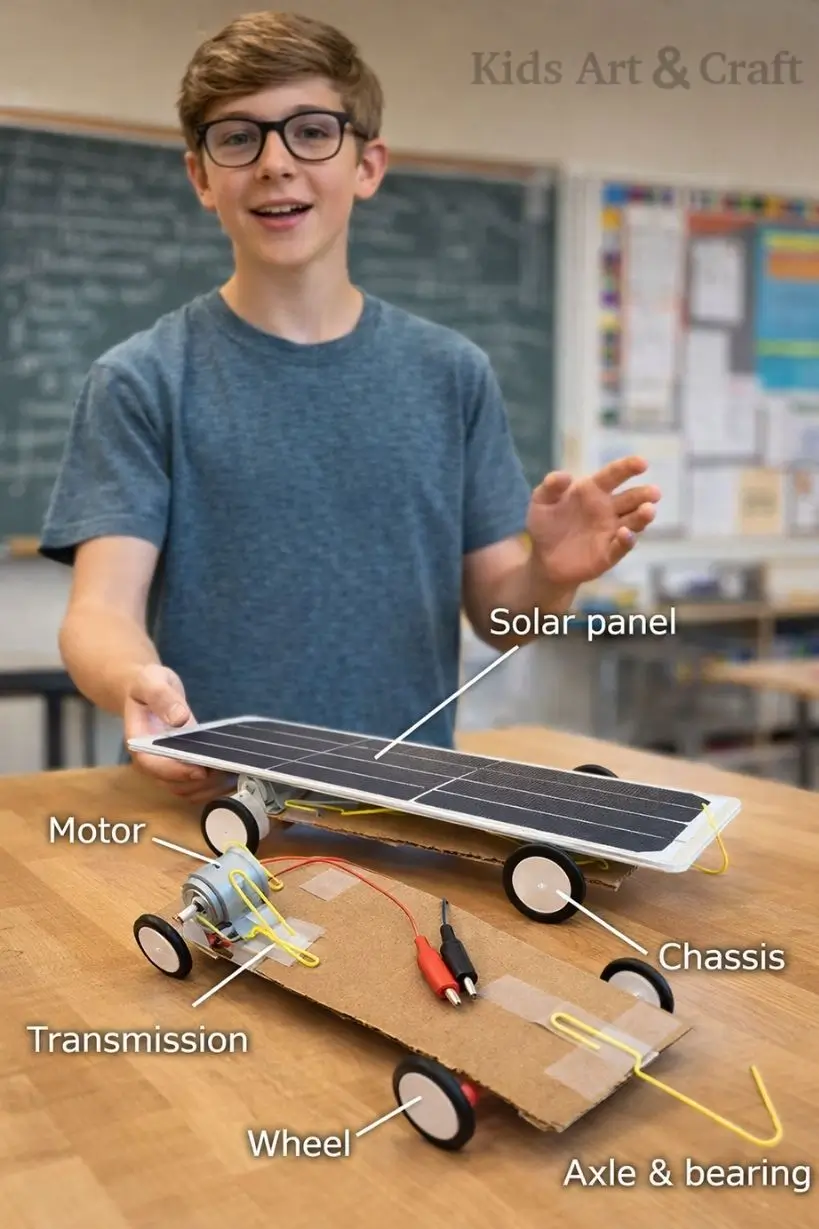 Student presenting handmade solar-powered car model with labeled components in classroom setting.