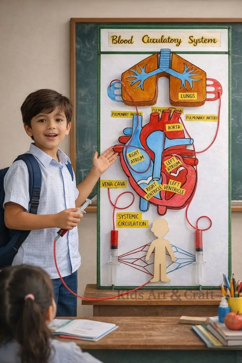 Child presenting human circulatory system model with labeled heart and blood flow