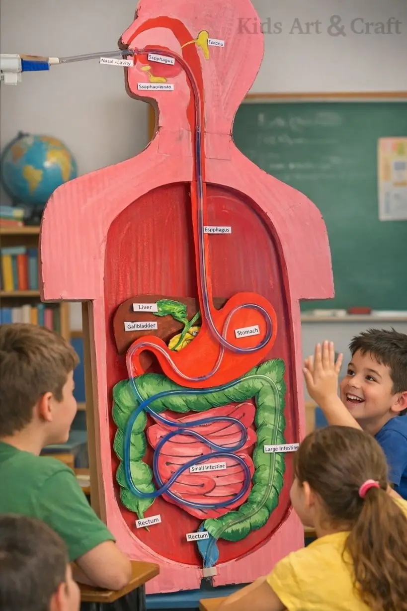 Detailed human digestive system model showing organs like stomach and intestines