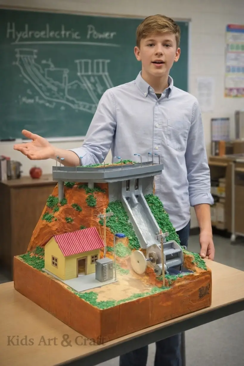 Student presenting miniature hydroelectric dam model with flowing water and turbine.