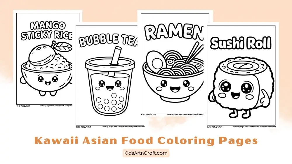 Kawaii Asian Food Coloring Pages for Kids