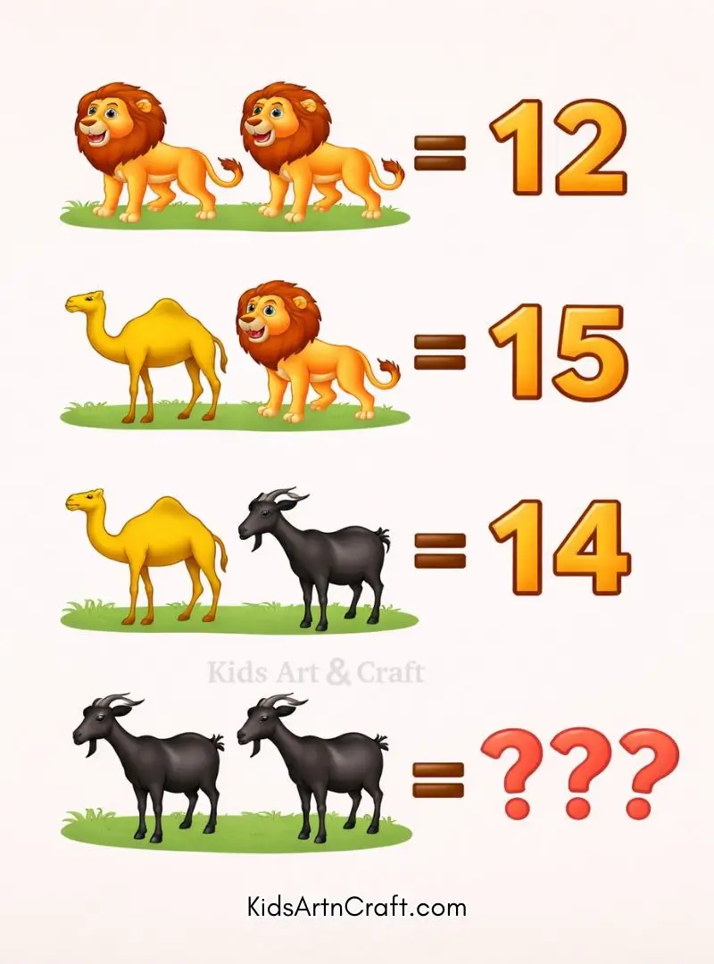 Fun animal math puzzle showing lion, camel, and goat equations for kids.