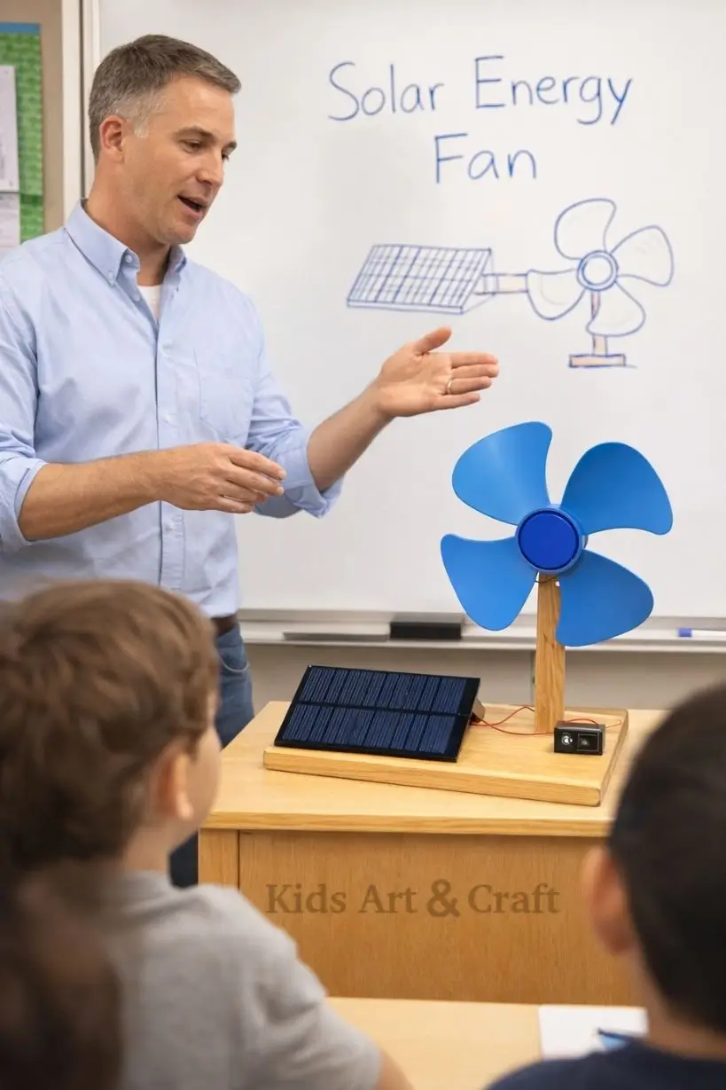 Teacher demonstrating solar-powered fan model connected to small solar panel in classroom