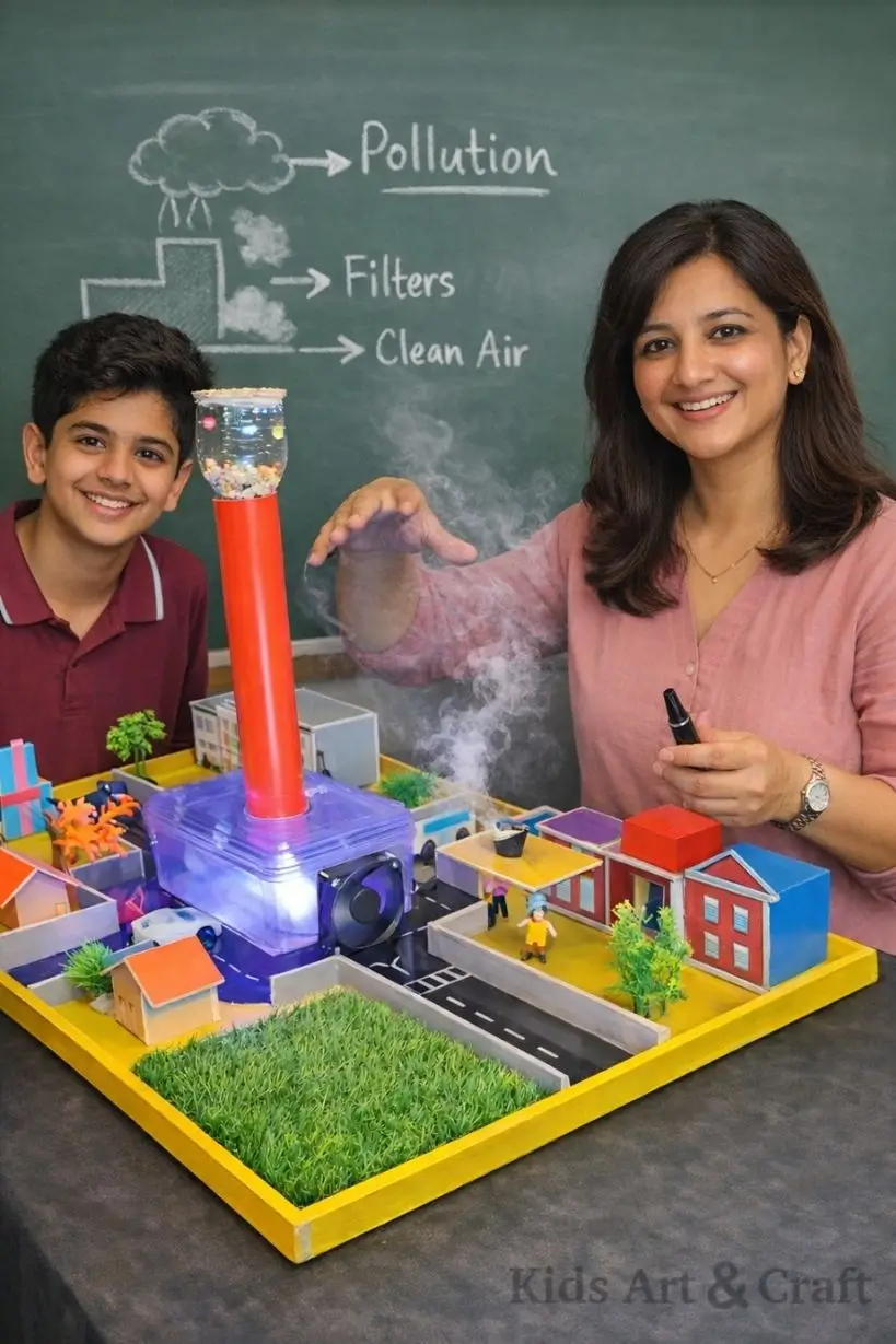 Teacher and student demonstrating pollution control model with filters and smoke simulation