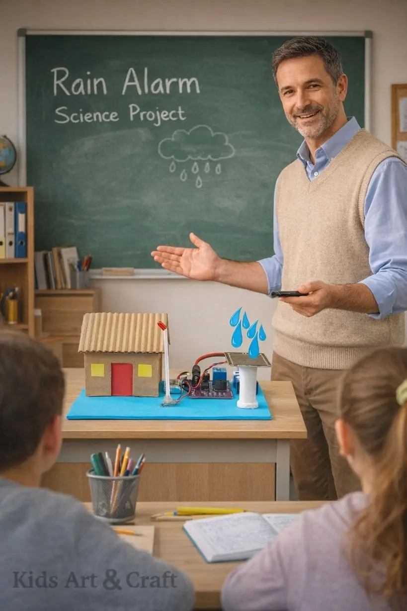 Teacher demonstrating rain alarm project with sensor triggering alert near model house.