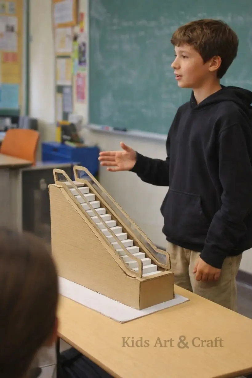 Student presenting handmade escalator model showing step movement using cardboard structure