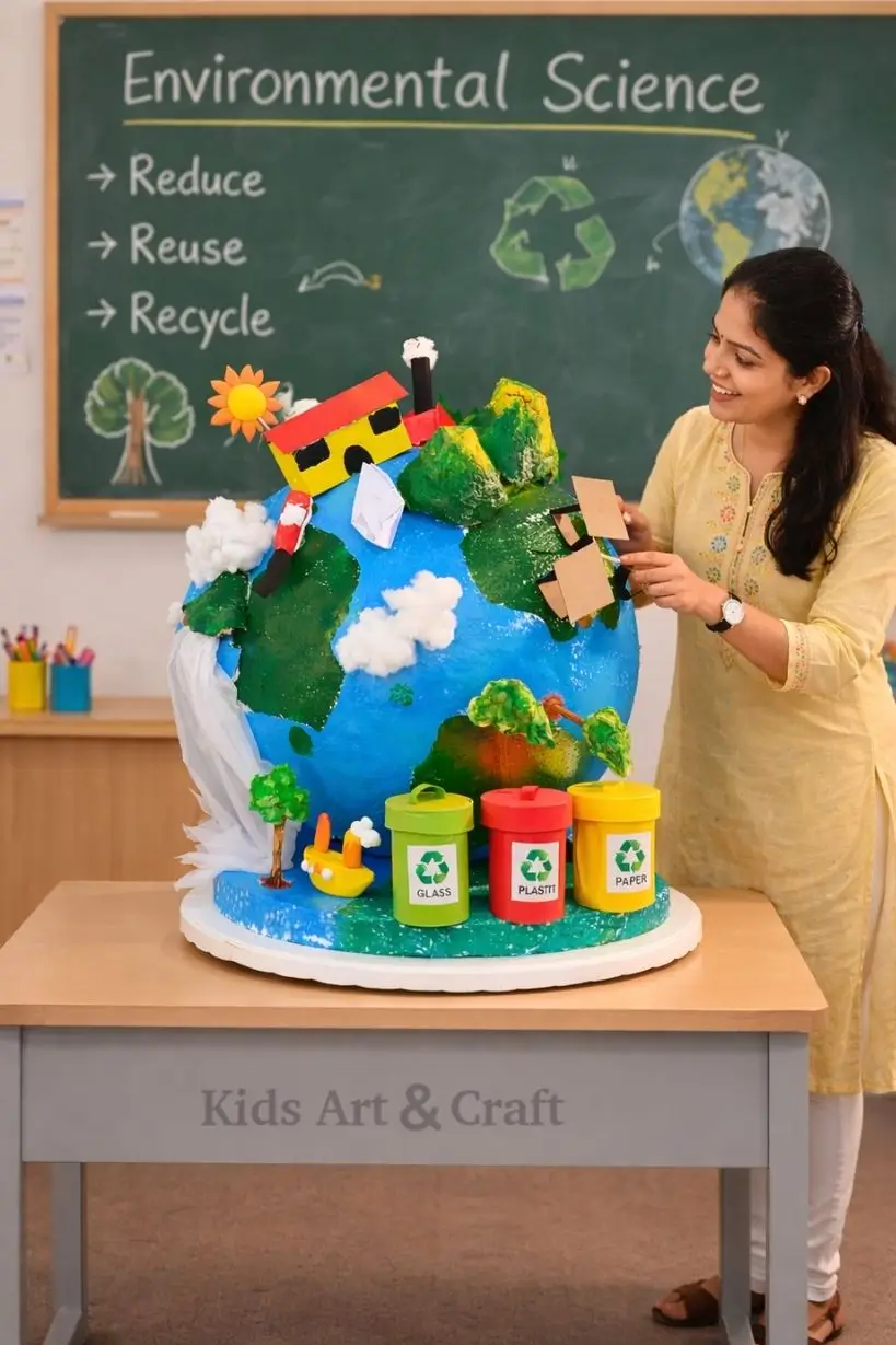Teacher presenting Earth model with recycling bins, trees, and environmental conservation elements