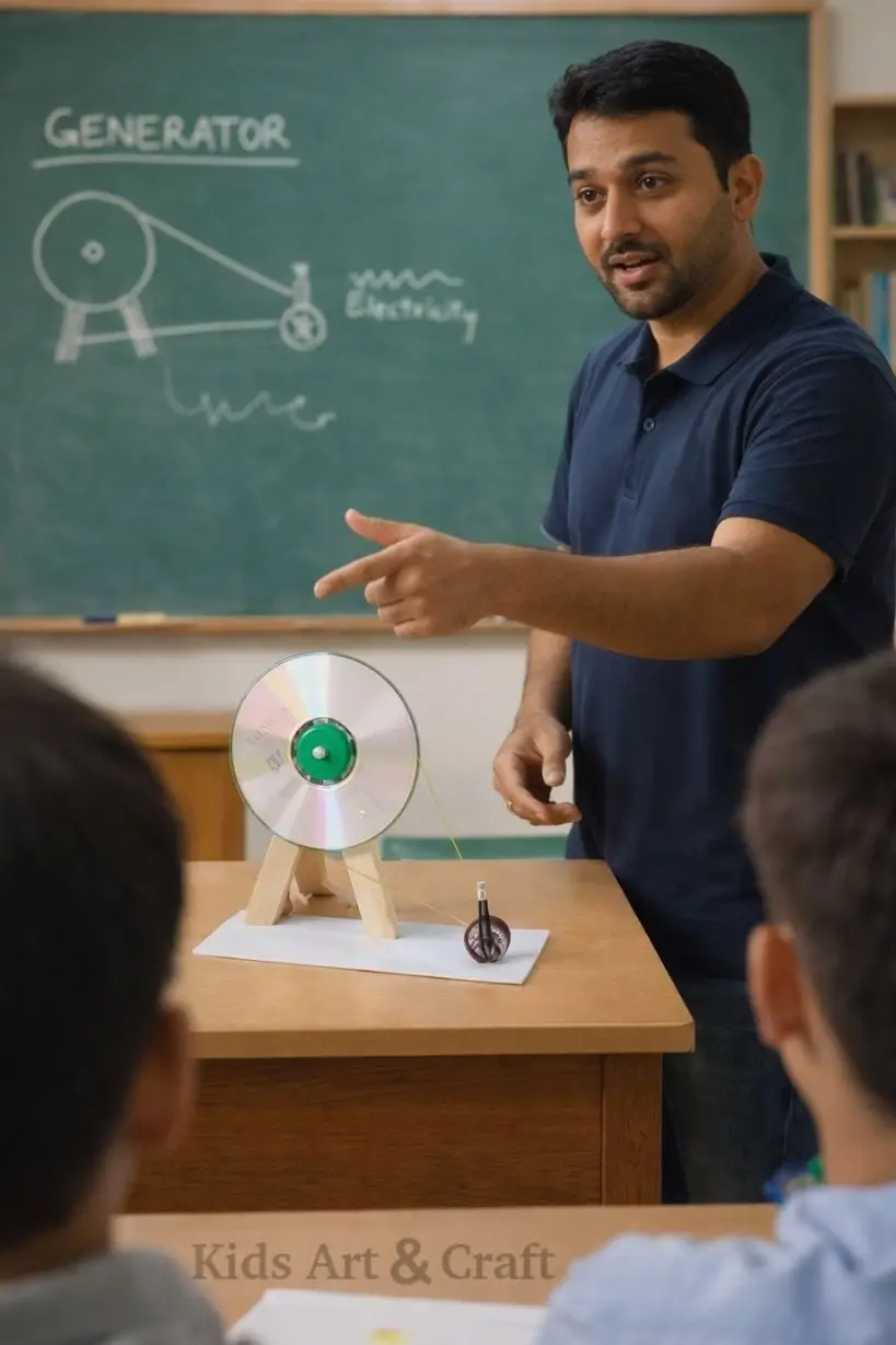 Teacher explaining hand-crank generator model using CD and motor to students